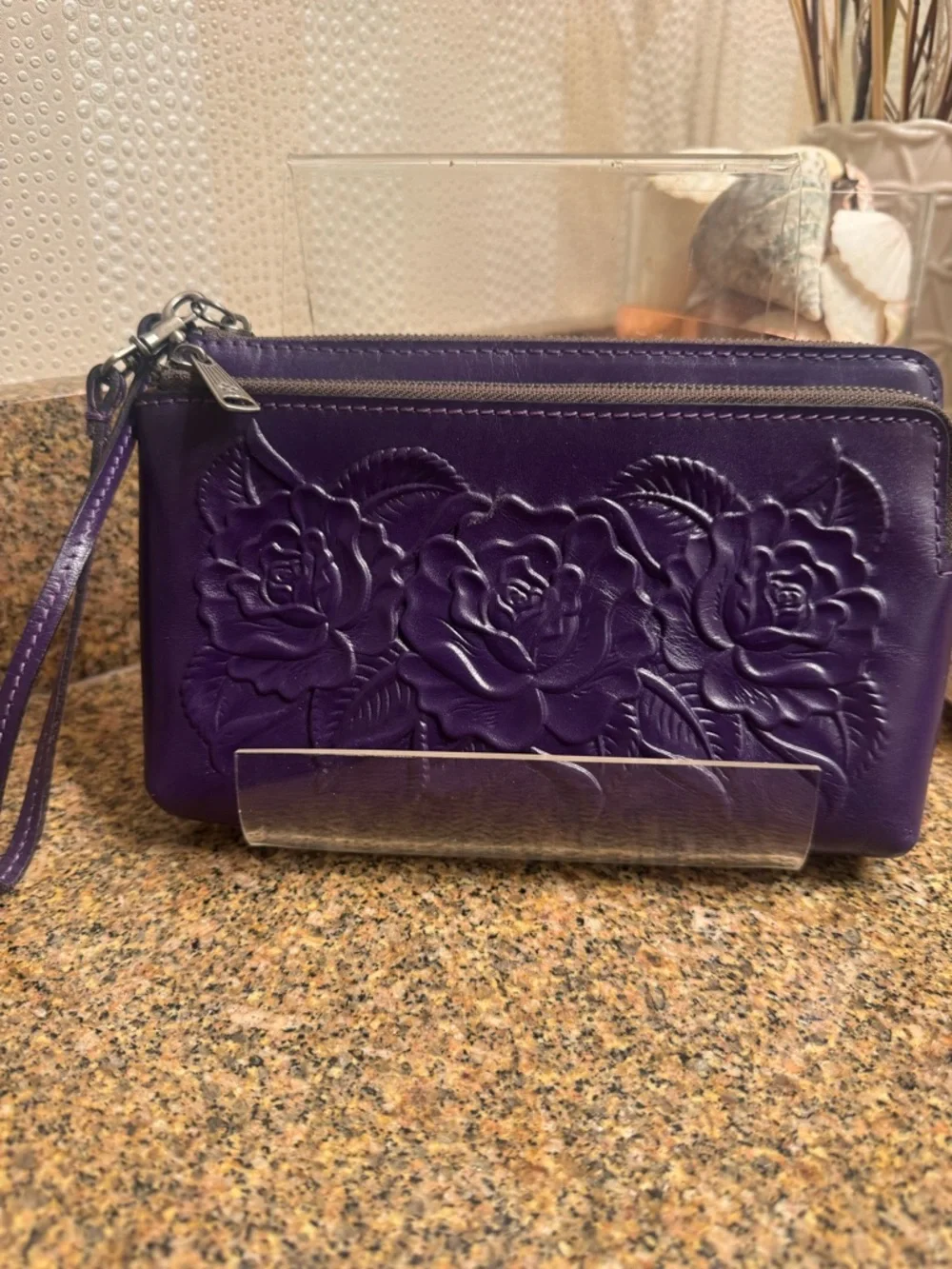 Patricia Nash VaronePurple Floral Embossed Hand Tooled Wristlet‎ Wallet